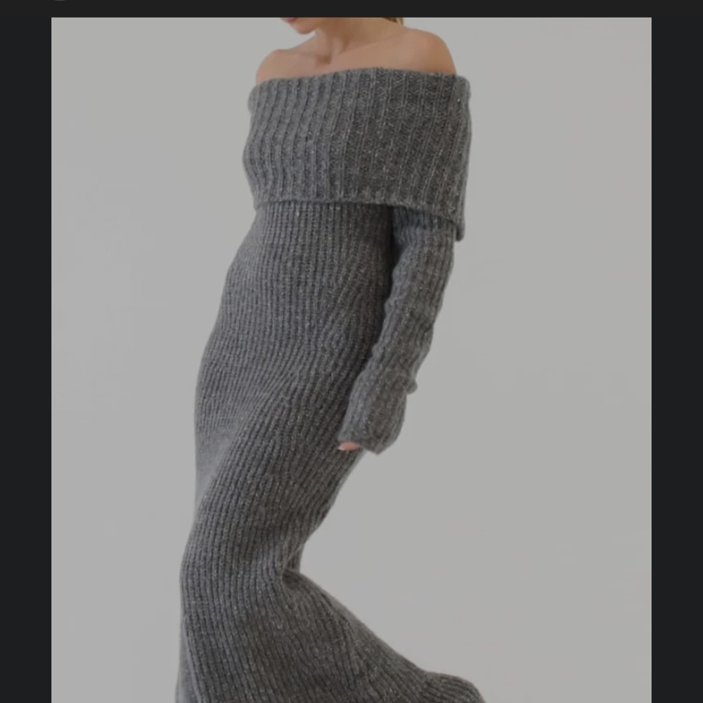 Off-Shoulder Gray Knit Dress